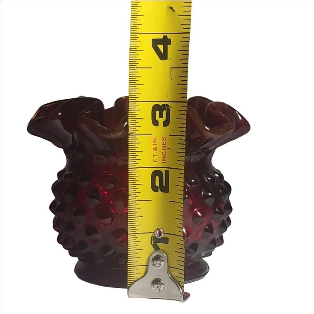 Vintage FENTON Ruby Red Amberina Hobnail Rose Bowl Ruffled Edge Vase Art Glass
